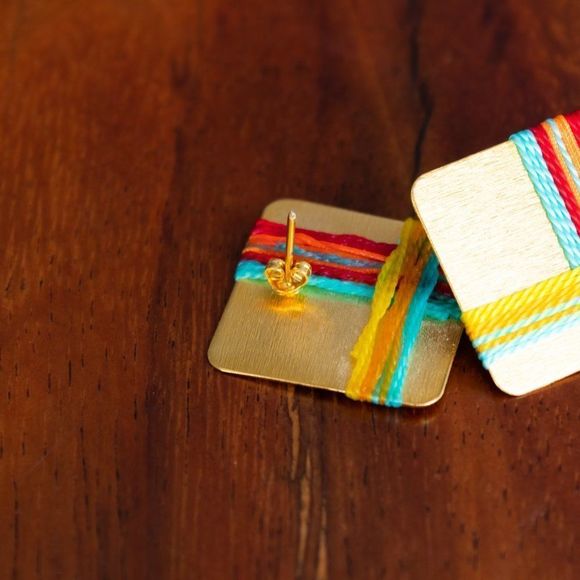Handmade new earrings gold plated 24k  red blue orange thread new square - Picture 3 of 4